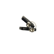 A pair of small black and silver metal earbud tips or ear hooks, shown on a plain off-white background.