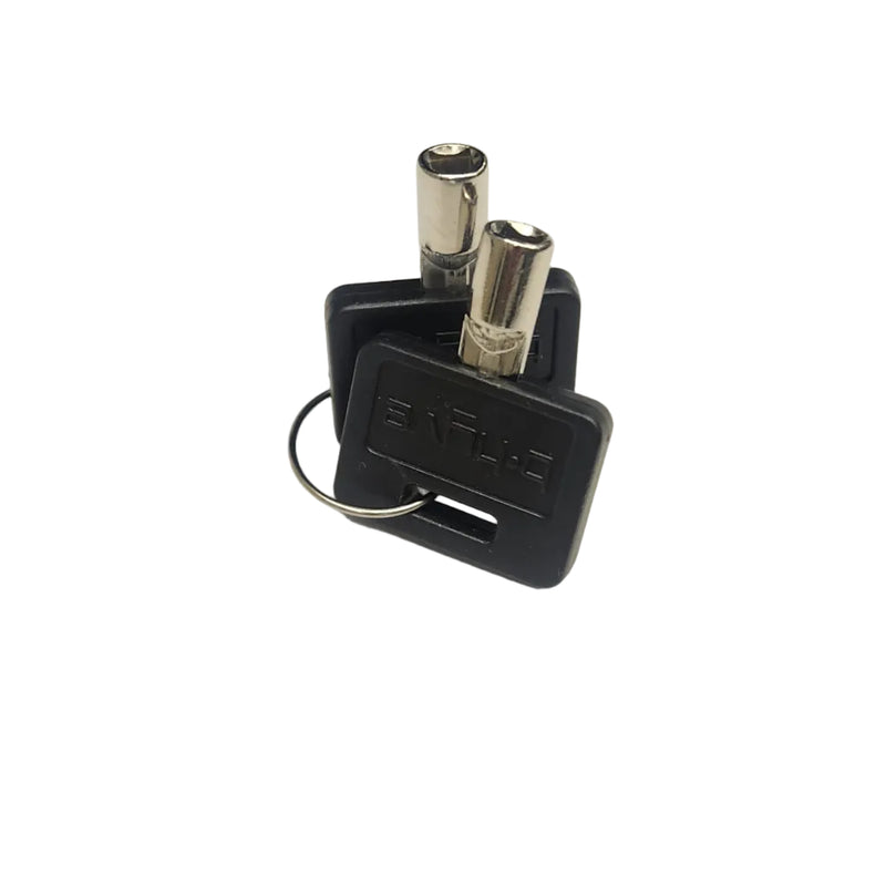 A small black plastic key-shaped tool with two silver metal pins on top, attached to a short black keyring, photographed on a plain white surface.