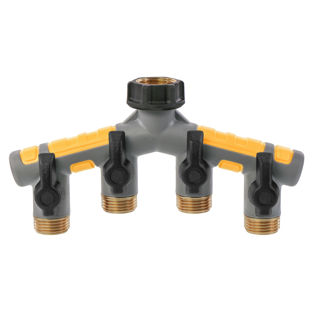 Gray, black and yellow garden hose four port manifold with shut-offs. 