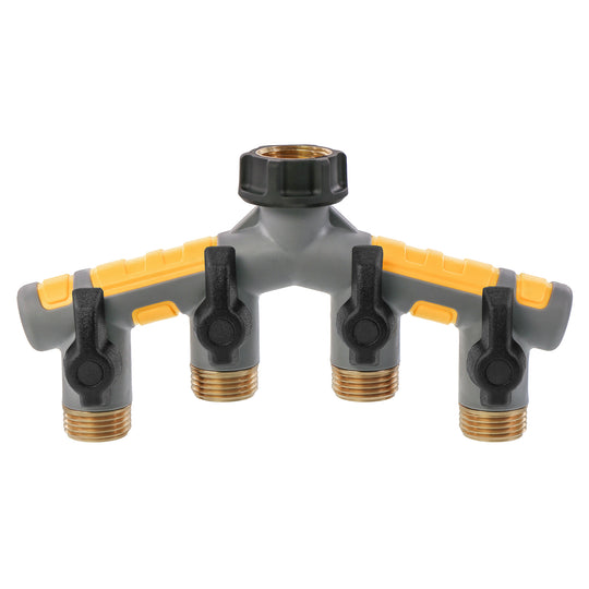 Gray, black and yellow garden hose four port manifold with shut-offs. 