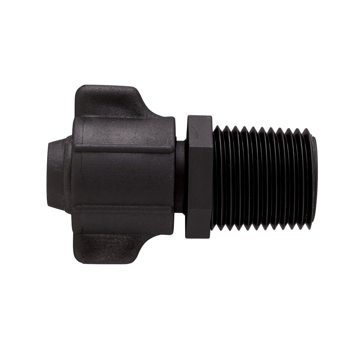 Black threaded fitting on a white background