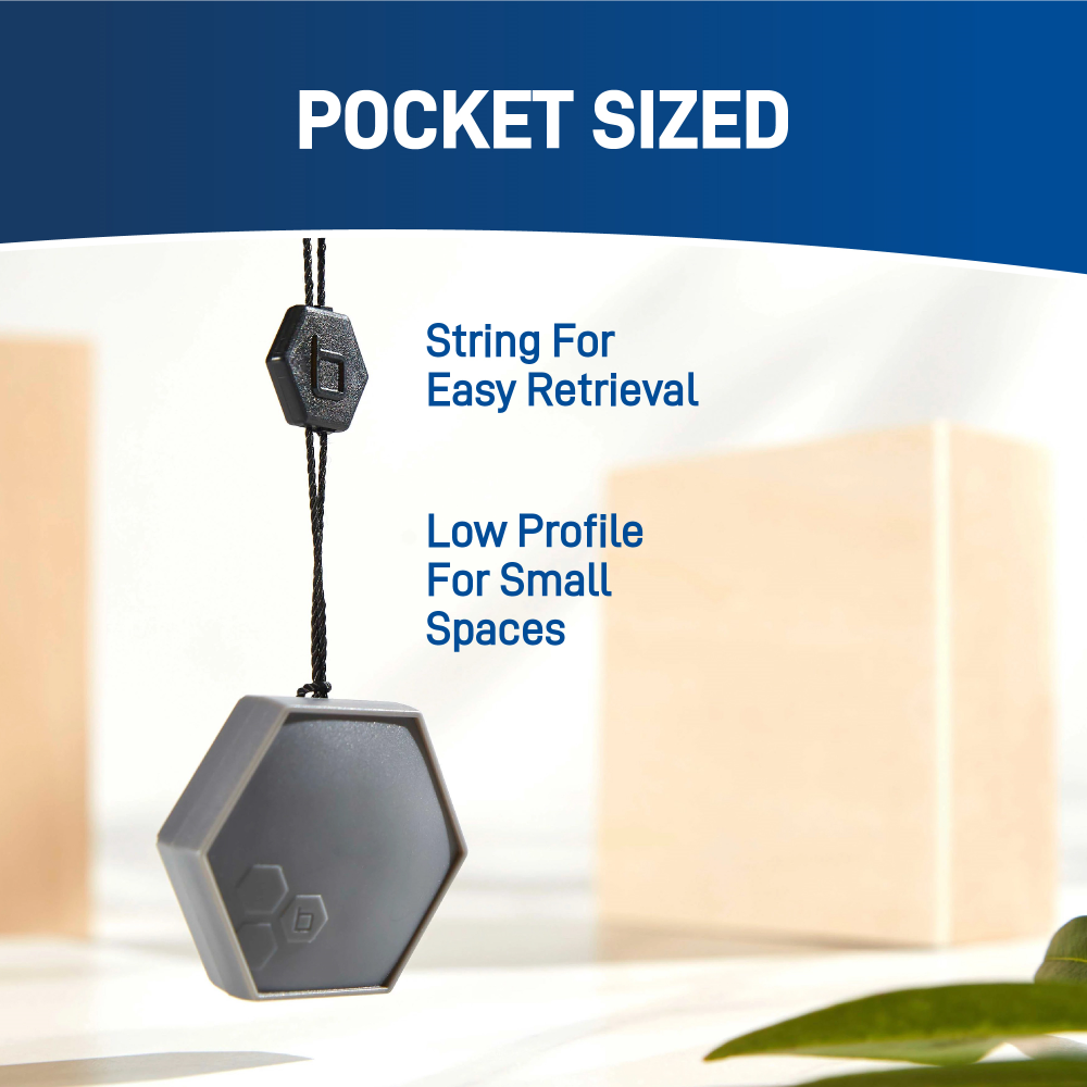 One B-yve flood sensor featuring the easy retrieval string and low profile design for small spaces. 