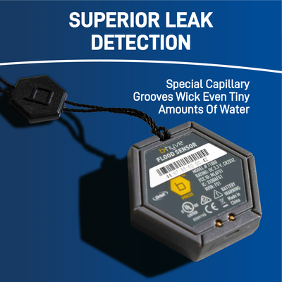 One B-yve flood sensor featuring its superior leak detection with special capillary grooves that wick tiny amounts of water.
