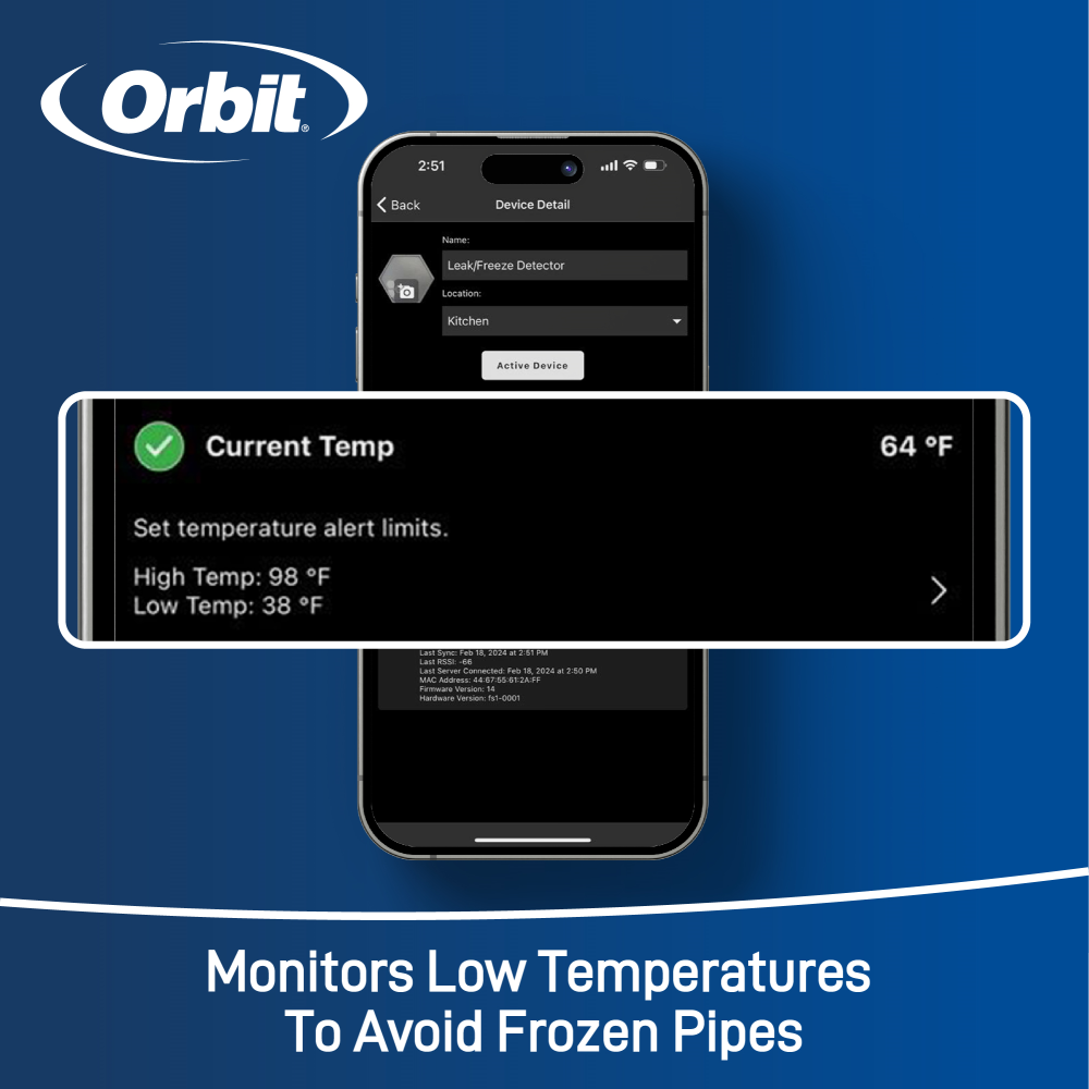 B-hyve app shown on a smartphone. Featuring temperature alerts that monitor low temperatures to avoid frozen pipes.