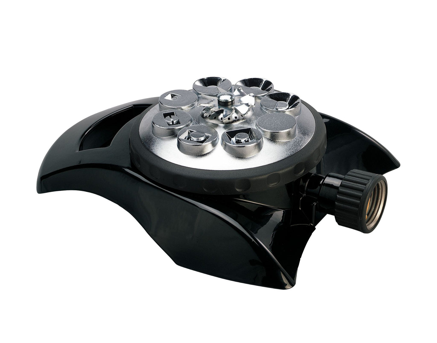 Black 8-pattern aluminum turret sprinkler. 
