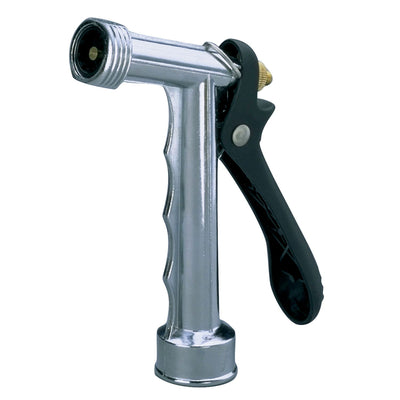 Adjustable-spray zinc rear trigger watering nozzle with threaded 3/4-inch tip.