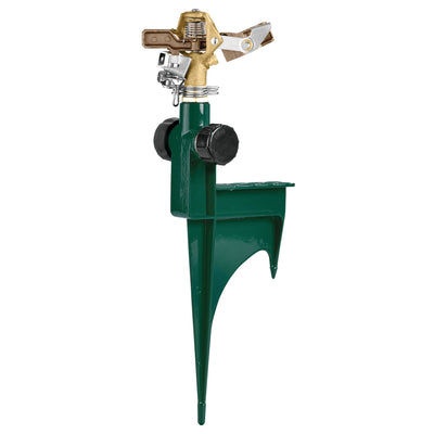 Half inch brass impact sprinkler on green metal step spike with hose end flow through outlet capped off with black end caps.