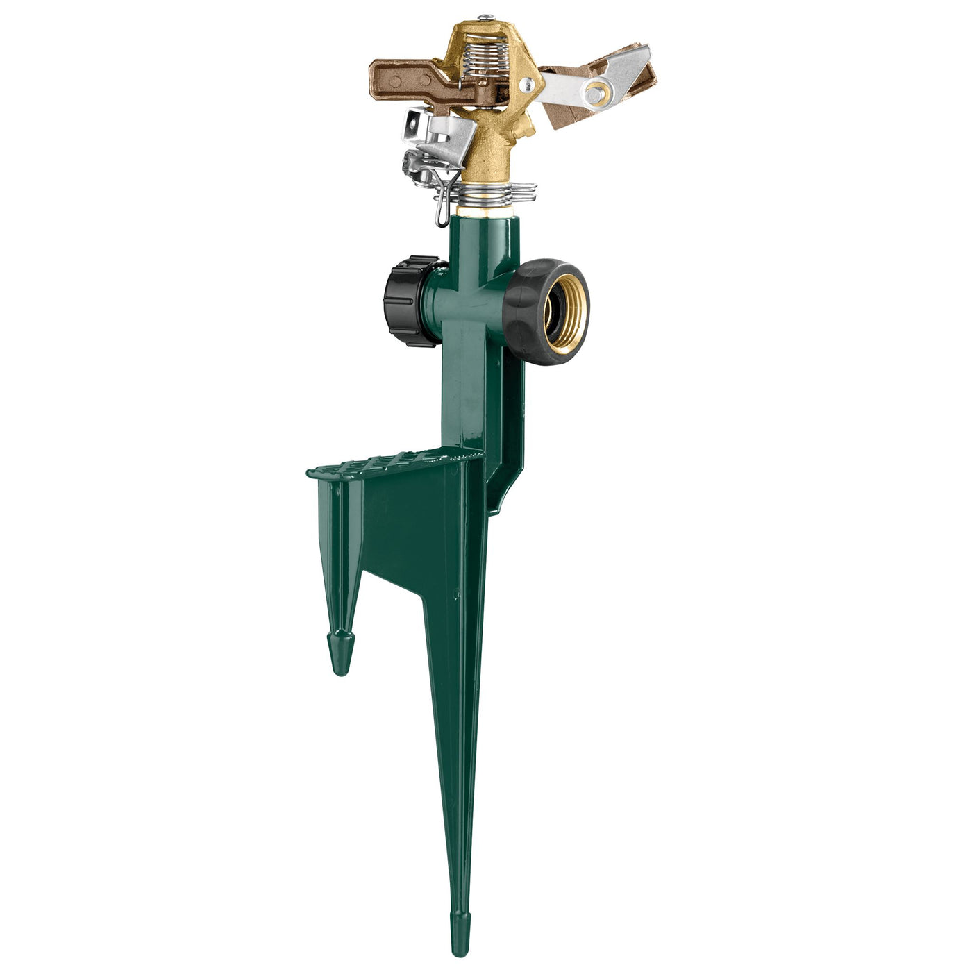 Half inch brass impact sprinkler on green metal step spike with hose end flow through outlet.