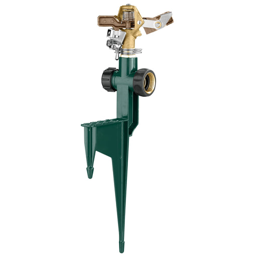 Half inch brass impact sprinkler on green metal step spike with hose end flow through outlet.