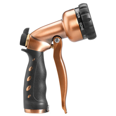 Side view of a copper colored seven pattern zinc front trigger nozzle.