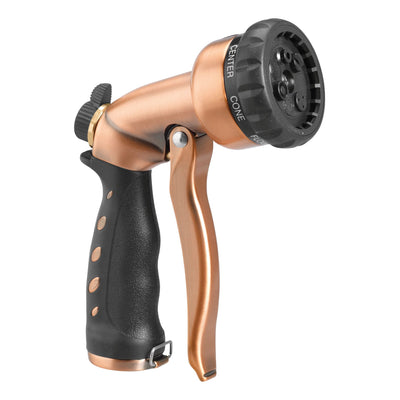 Copper colored seven pattern zinc front trigger nozzle. 