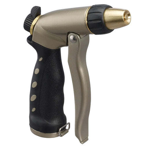 Titanium colored adjustable zinc front trigger nozzle.