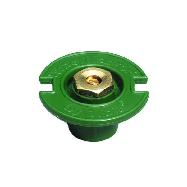 Green plastic full spray pattern flush head sprinkler with brass nozzle. 
