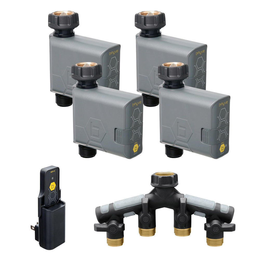 Paquete de 4 temporizadores de riego para manguera inteligente B-hyve de 2.ª generación con concentrador y colector 21207