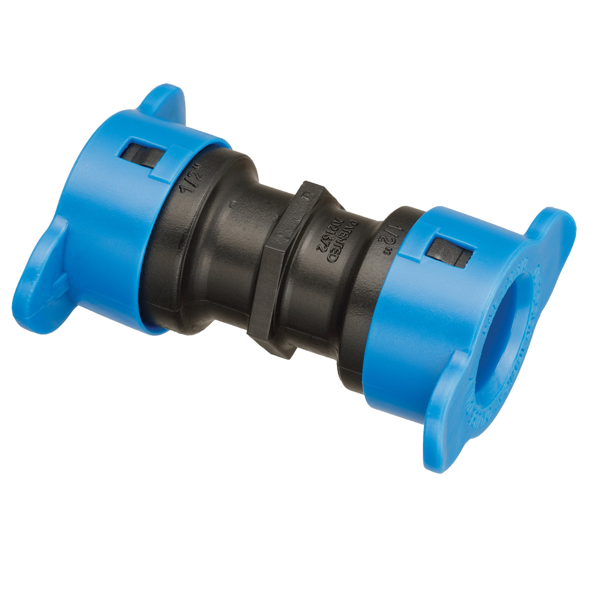Blue and black plastic fitting on a white background