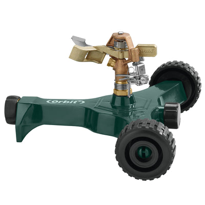 Half inch brass impact sprinkler on green metal wheel base.