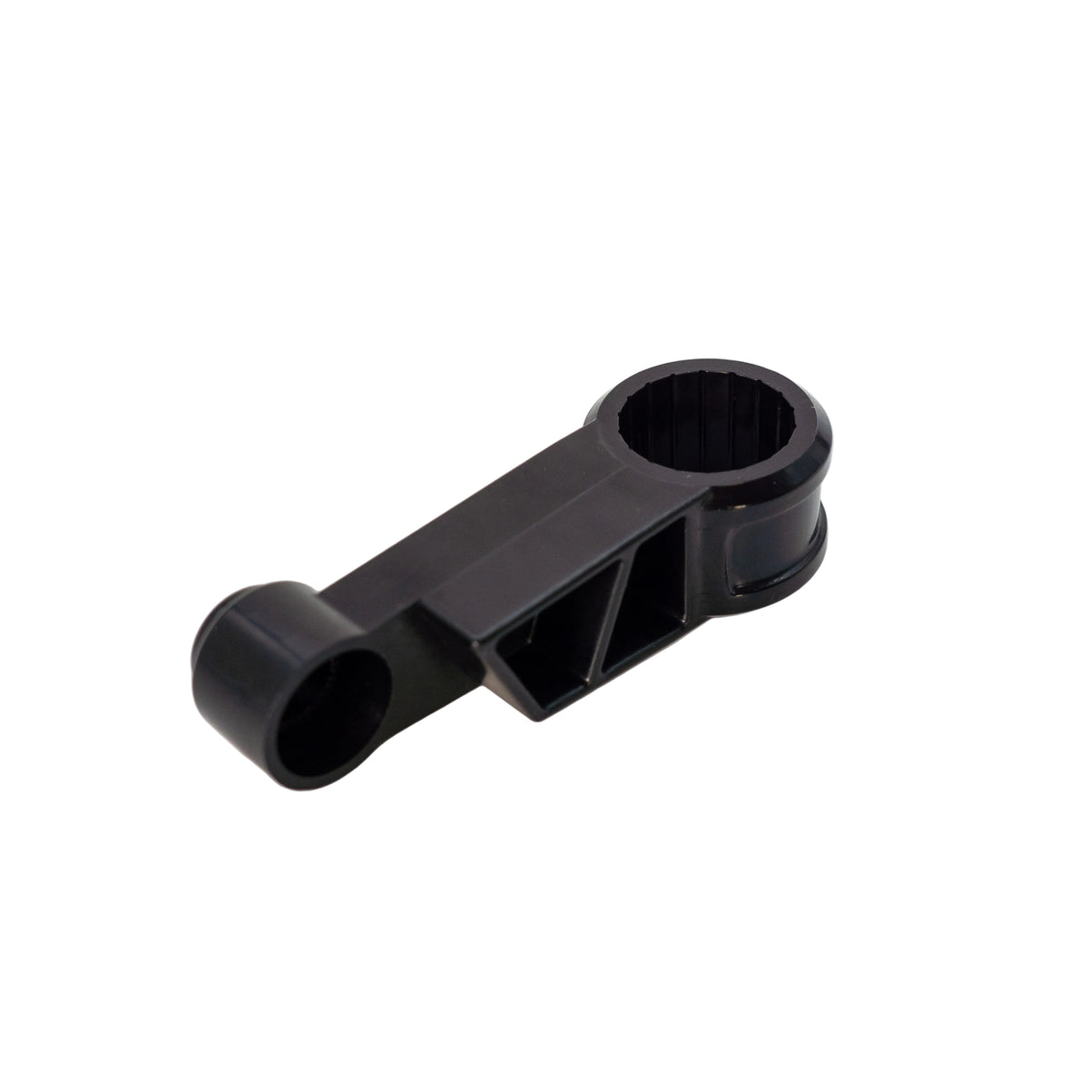 A black plastic bracket designed for use with a lawn mower or similar garden equipment.