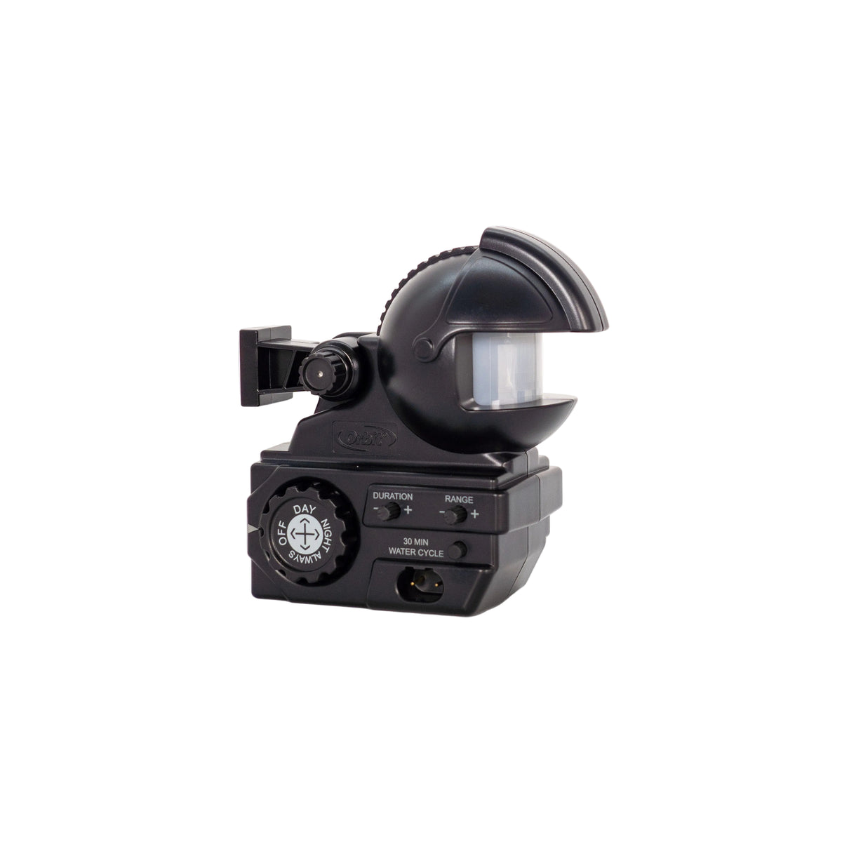 A black Enforcer motion sensor designed to detect motion and activate a sprinkler system, featuring a small animal bracket and mounting screw.