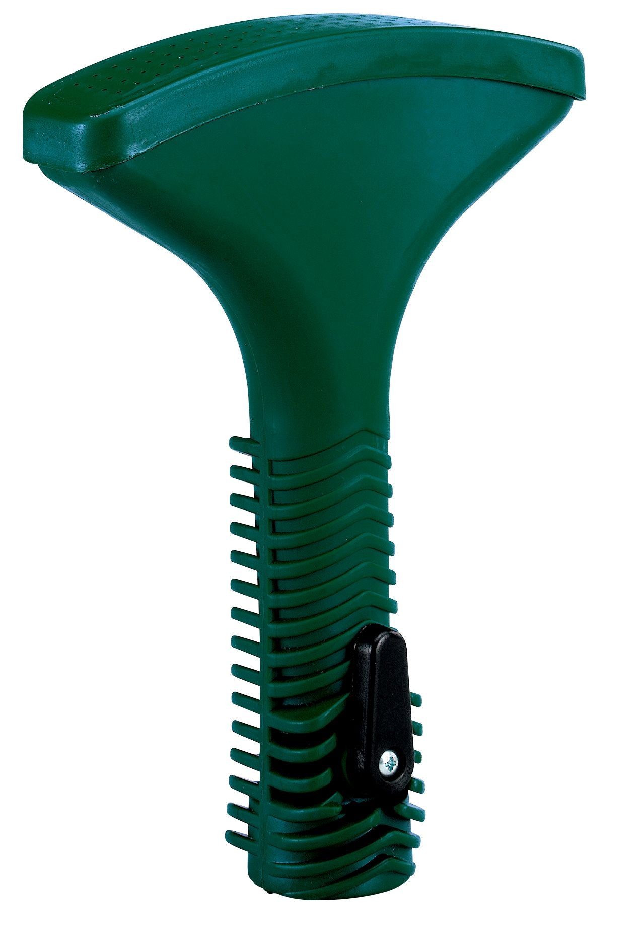 Green plastic fan spray shower nozzle with shut-off lever and spike.