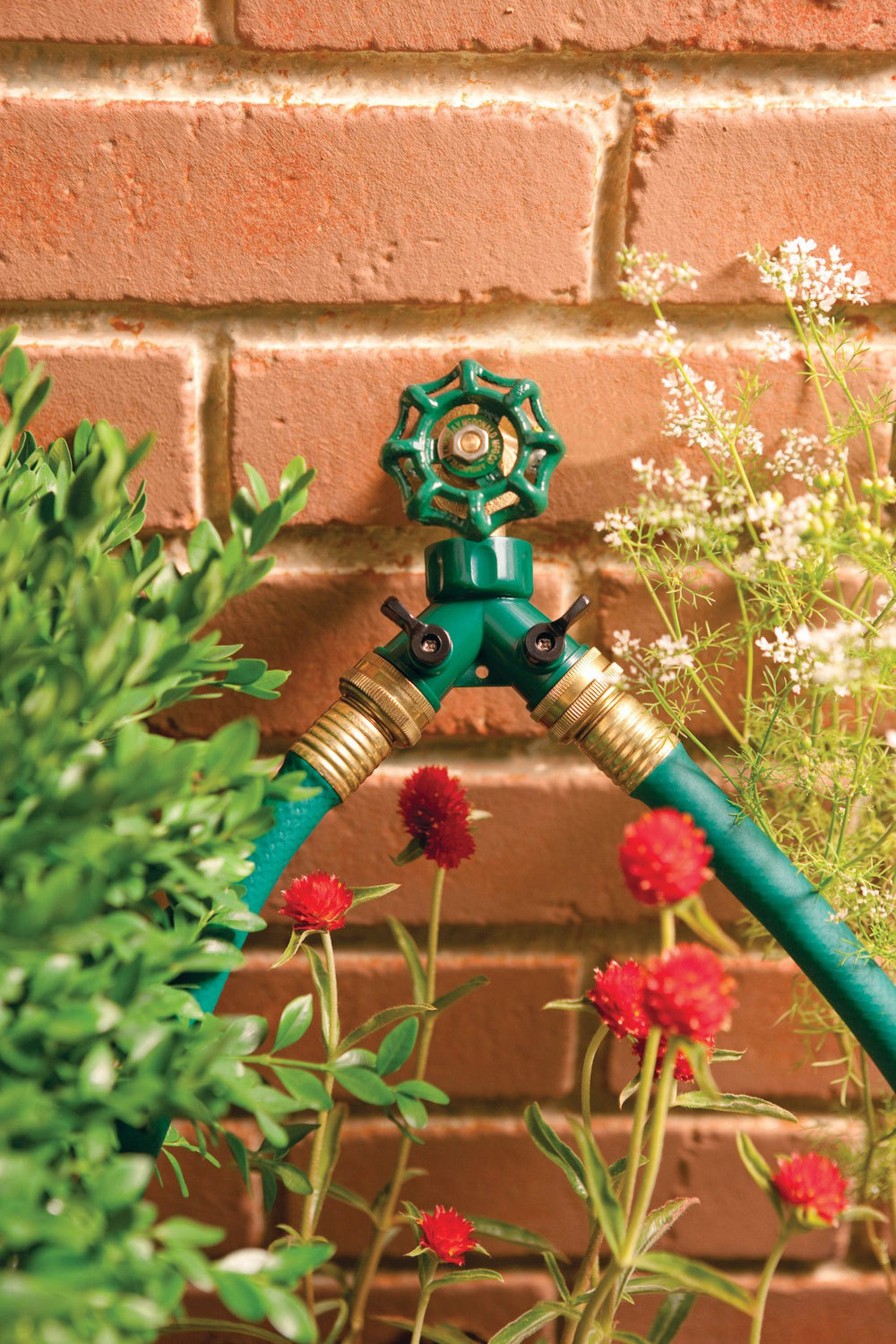 Green plastic 2-way shut-off hose y adapter attached to a hose faucet with green garden hoses attached to each outlet. 