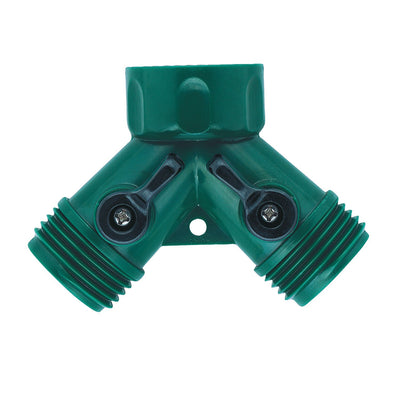 Green plastic 2-way shut-off hose y adapter. 
