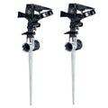 Two half inch plastic impact sprinklers on zinc spikes.
