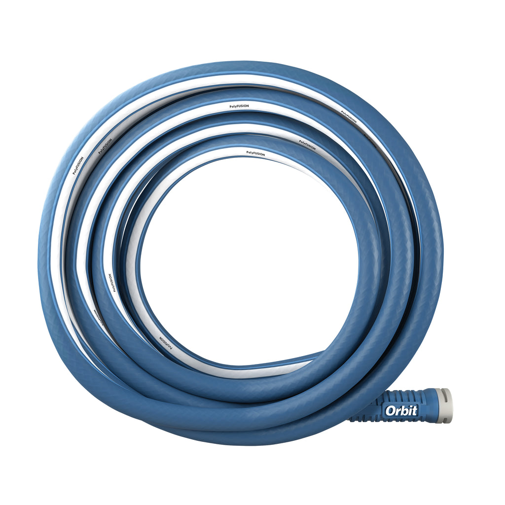 Coiled blue garden hose with Orbit branding on a white background