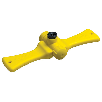 Port-a-rain plastic yellow sprinkler base with black nozzle. 
