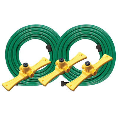 Two 15-foot green garden hoses with interchangeable black nozzles, and three yellow port-a-rain sprinkler bases.