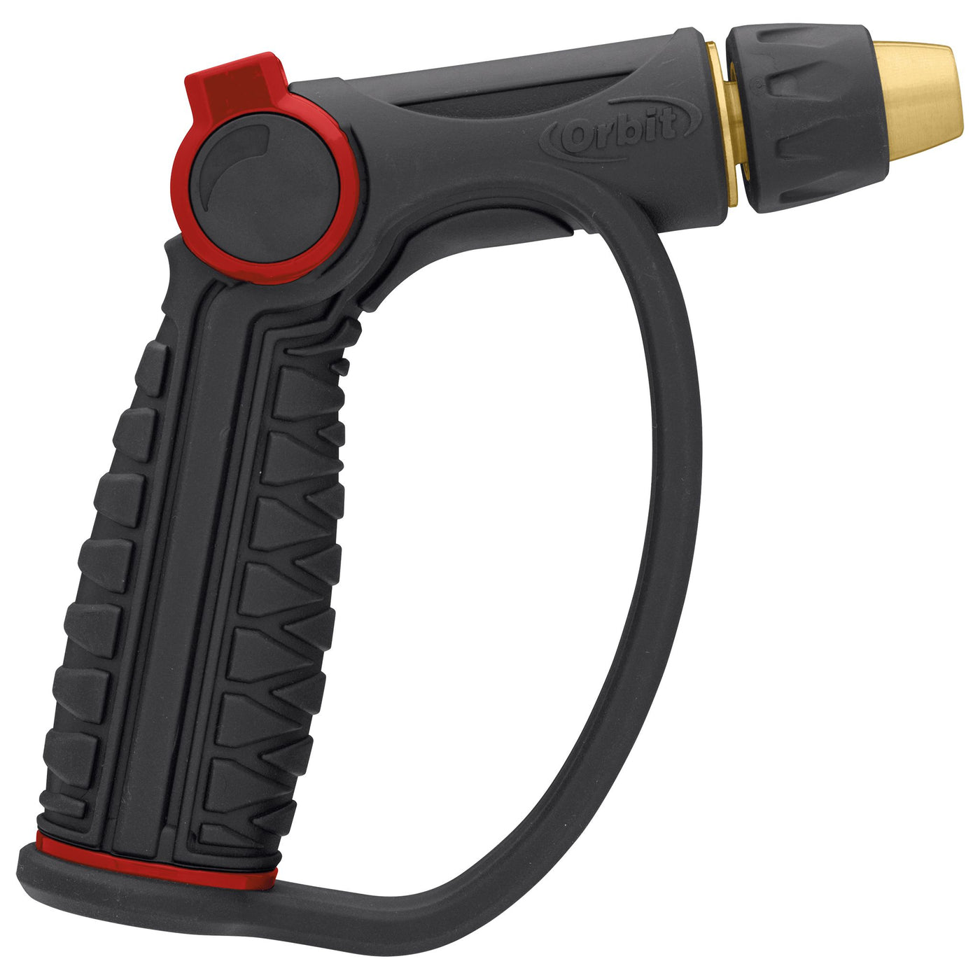 Side view of a black and red pro-flo adjustable spray thumb control d-grip brass tip watering nozzle.