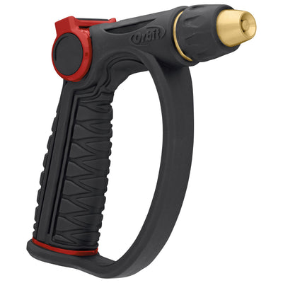 Black and red pro-flo adjustable spray thumb control d-grip brass tip watering nozzle. 