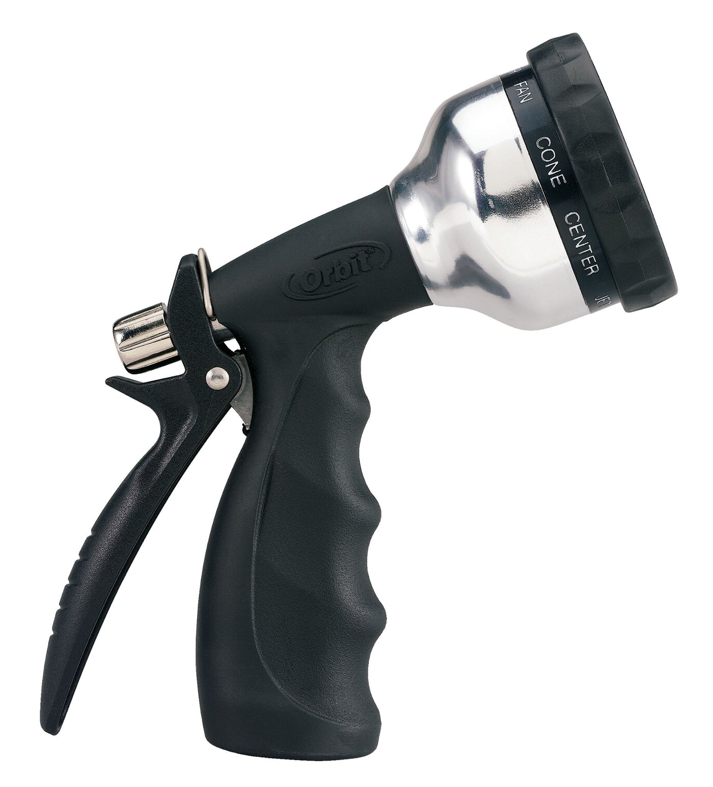 Side view of an Ultralight 10-pattern metal rear trigger hose nozzle, with rubberized non-slip grip.