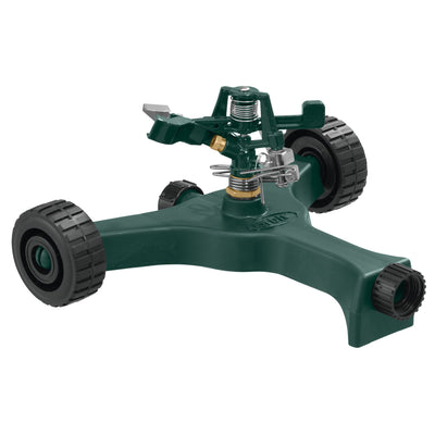 Green and black half inch zinc impact sprinkler on metal wheel base. 