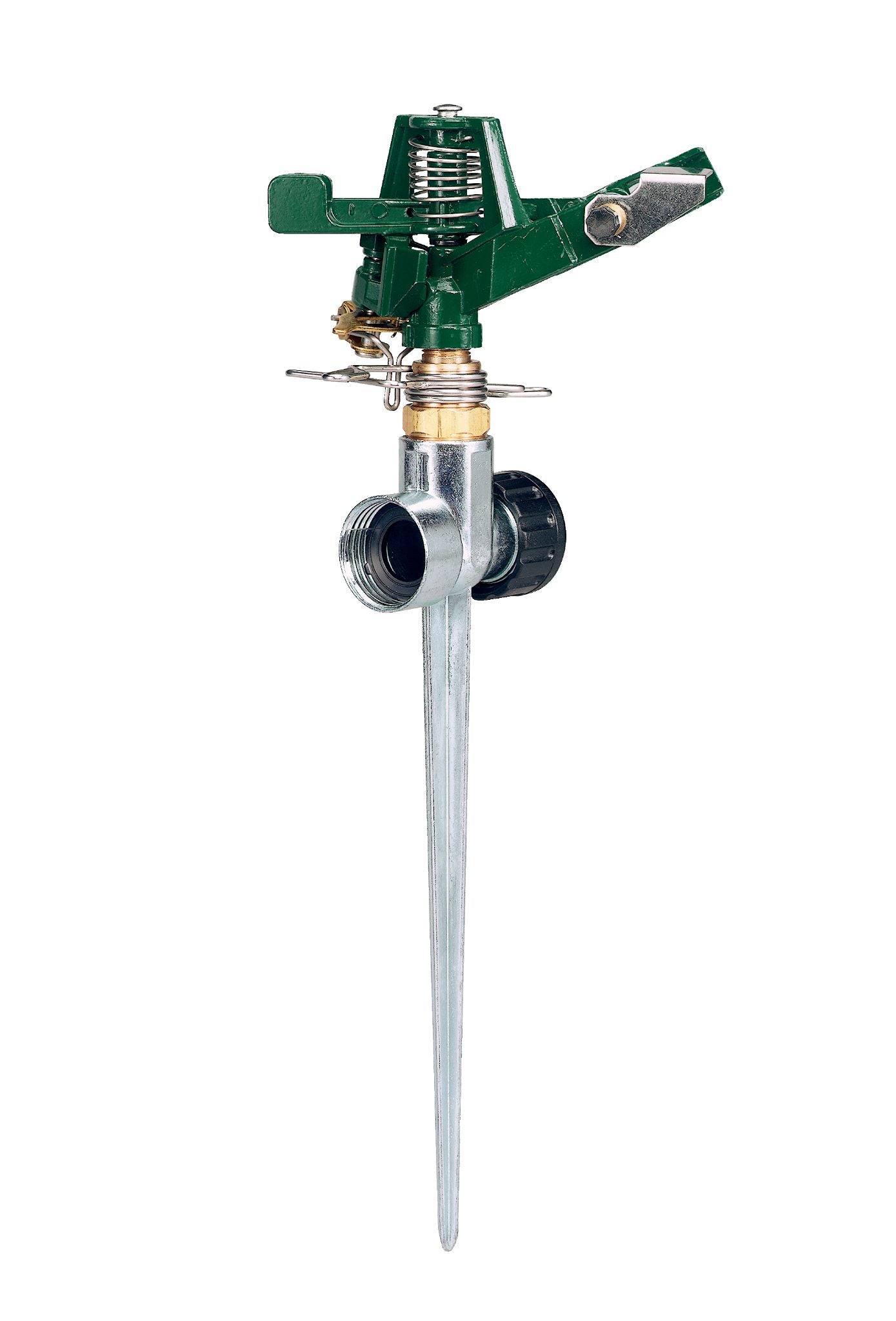 Half inch zinc impact sprinkler on zinc step spike with flow-through outlet. 