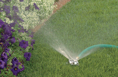 Twin circle zinc spot sprinkler watering grass and flowers. 