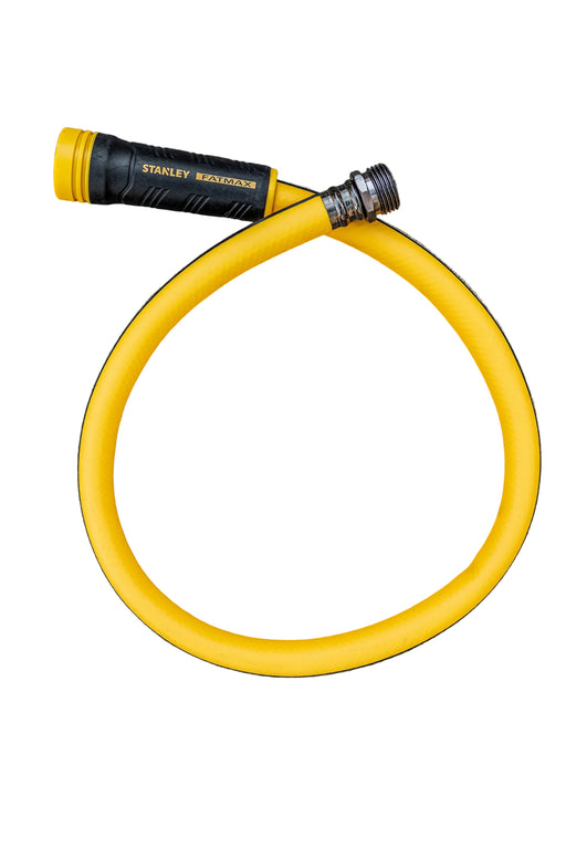 A yellow and black Stanley FATMAX garden hose laid on white