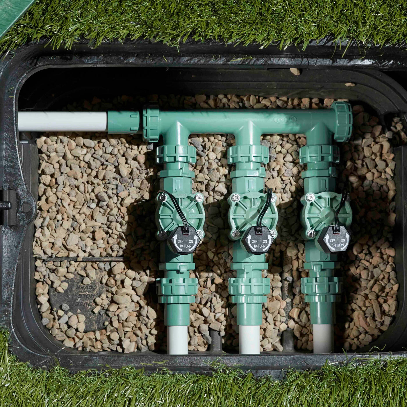 57253 -  Three valve preassembled sprinkler manifold. Pictured fully assembled in valve box. 