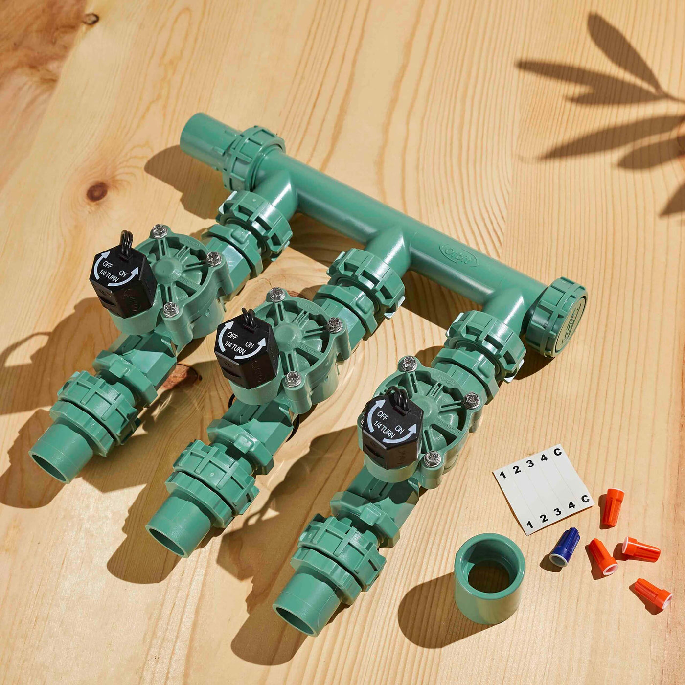 57253 - Three valve preassembled sprinkler manifold. Everything you need in one preassembled sprinkler manifold package.
