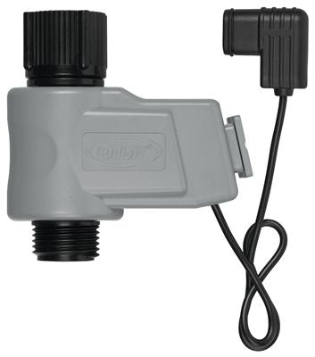 An automatic yard watering kit valve with a gray body and black connectors, featuring a wiring harness.