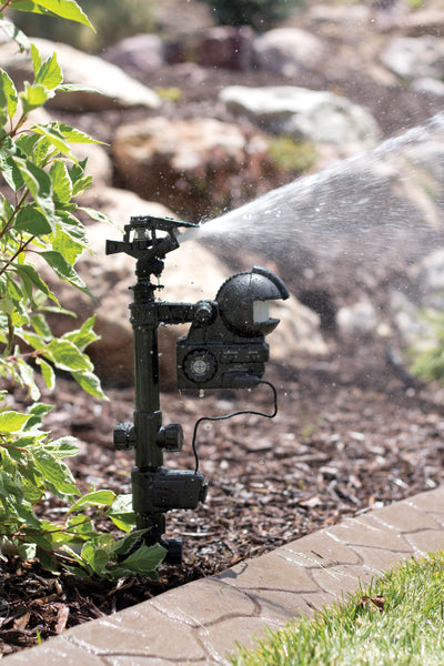 Yard Enforcer Motion-Sensor Sprinkler with spike. A strong burst of water will startle but not harm wildlife and is a safe method to shoo them away. Model number 62100Z.