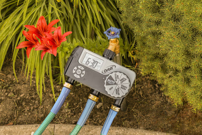 3-Outlet Hose Watering Timer connected to outdoor faucet. With hoses attached to all three outlets.