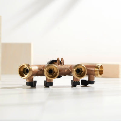 hose connectors - Brass Hose Manifold 4 hose outlets with shut-offs and leak-free ball valves.