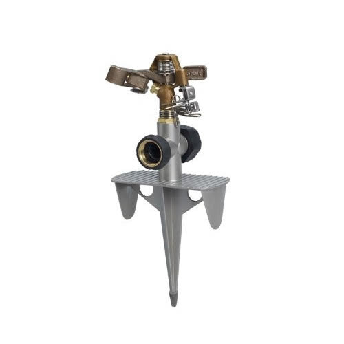 A brass impact sprinkler mounted on a zinc spike, designed for lawn irrigation.