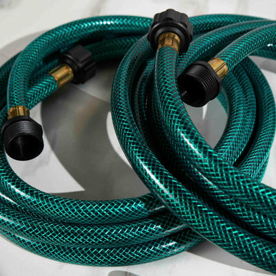 Features two 12-foot, reinforced garden hoses
